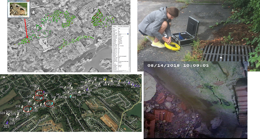 Photos documenting the inspection of stormwater catch basin and mapping